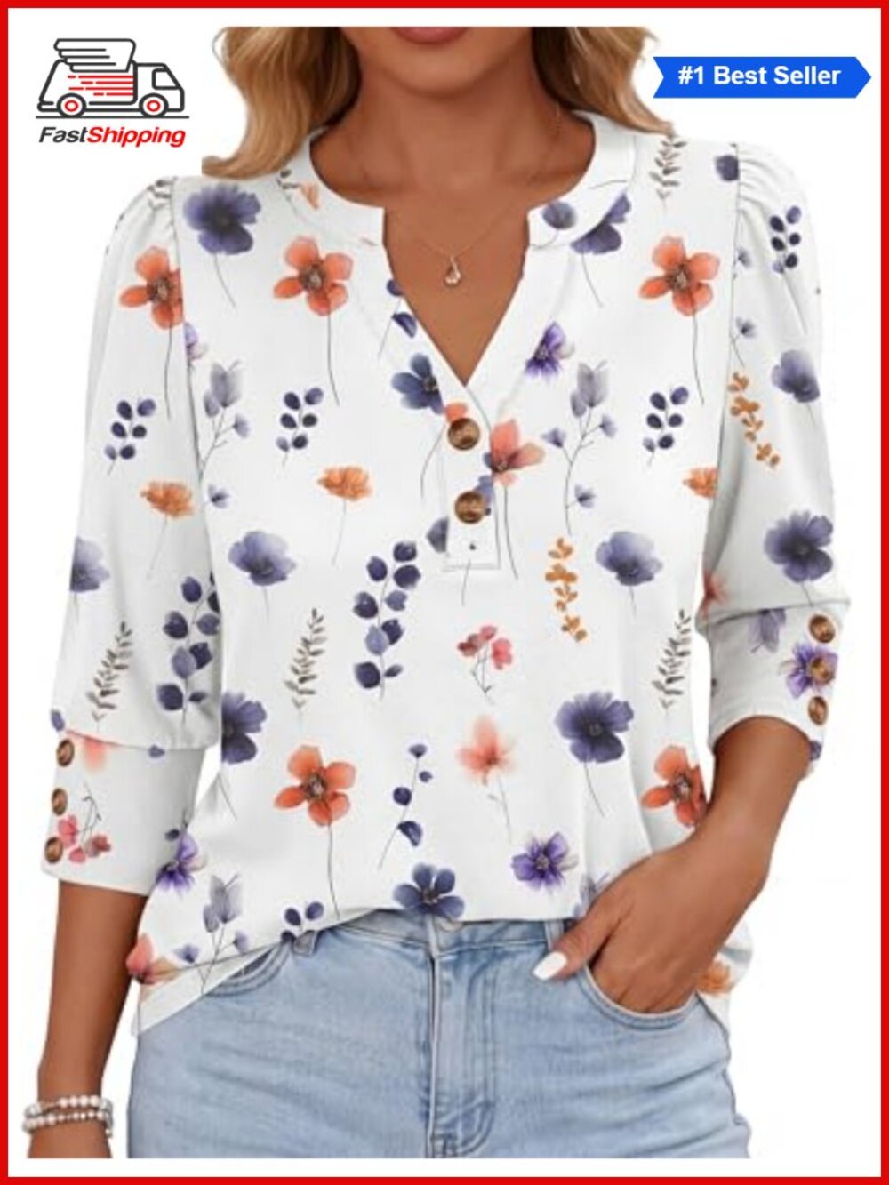 Women 3/4 Sleeve Henley Tunic Blouse Loose Fit Business Casual Top